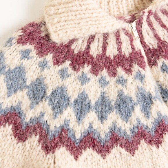 Vintage Fair Isle Sweater Wool Handknitted Nordic Full Zip Cream Blue Purple - Picture 5 of 13